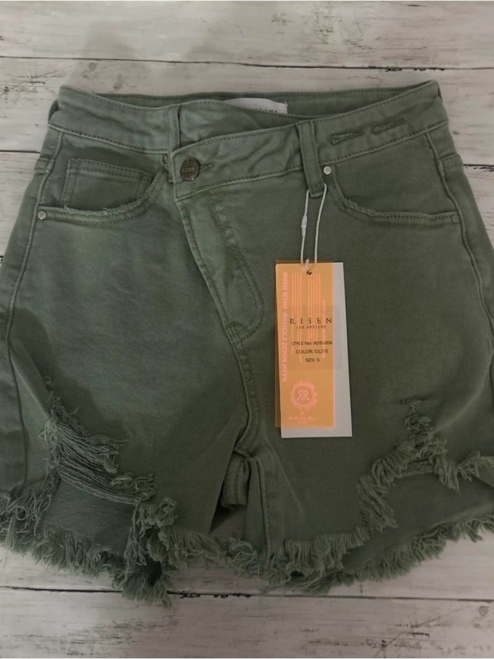NEW Sage Green Distressed Denim High-Waist Women’s Shorts, Size Small